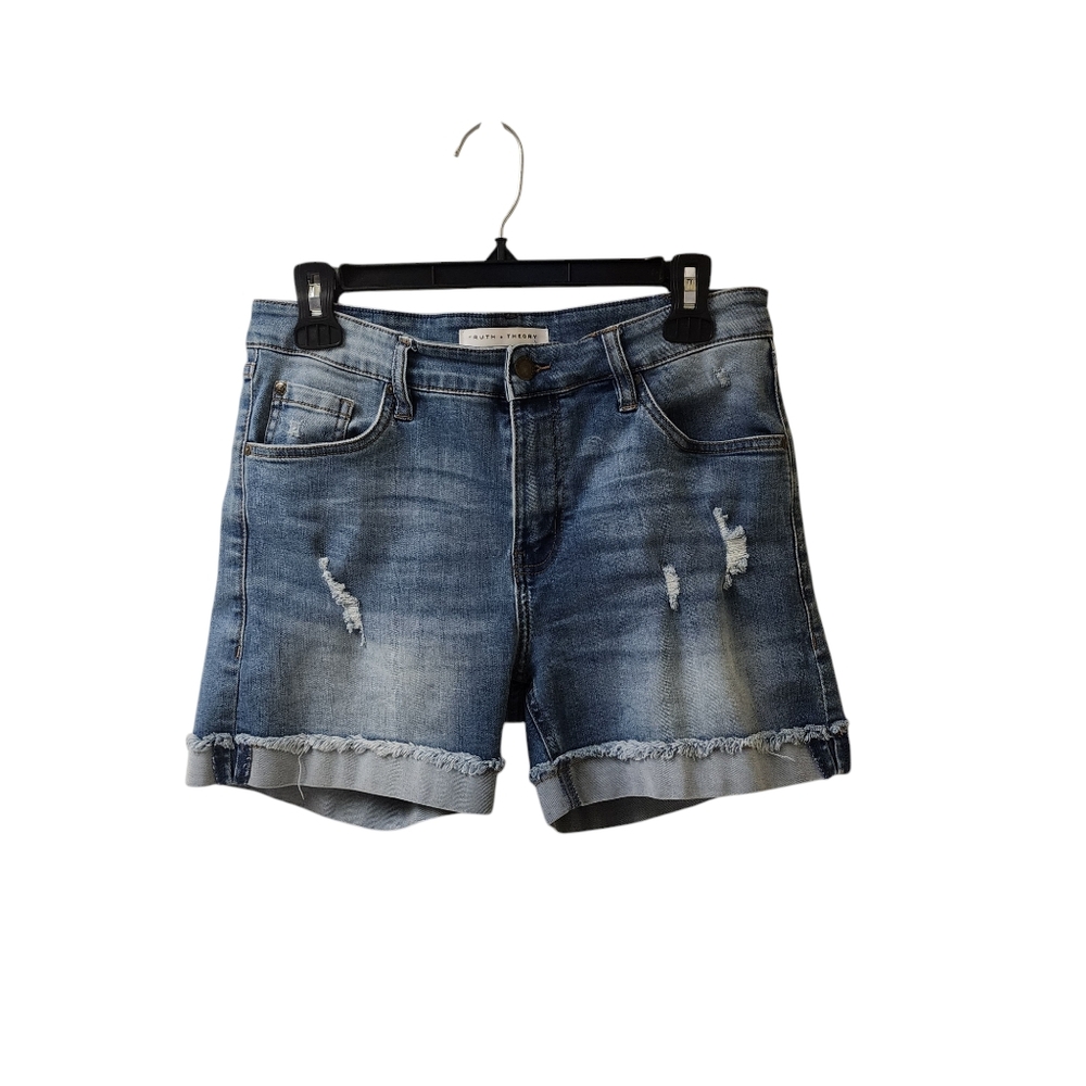Truth + Theory Distressed Midi Jean Shorts Size 8 Mid Rise